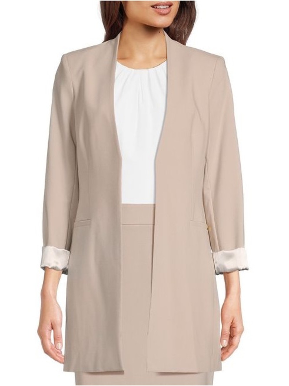 Calvin Klein Long Open Front Blazer Jacket Beige 3/4 Sleeve Size 12 NWT